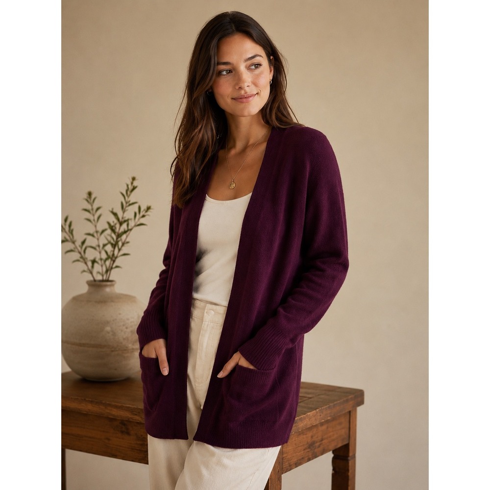 LL Bean 100% Cashmere Open Front Cardigan Burgundy Plum Quiet Luxury Old Money S